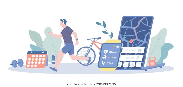 Smart Workout. Mobile app for healthy lifestyle and sports workouts. Person running, training with fitness application. Vector illustration with character situation for web.	
