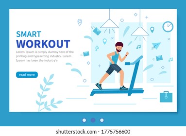 Smart workout. Template of the landing page. A man with a beard trains on a treadmill thinking about business and messages. Time to sport. Vector illustration in modern flat style.