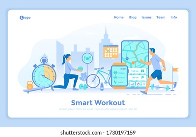 Smart Workout, Training, Fitness, Running. Fitness tracker app graphic user interface for smart watch and phone. Man and woman doing sports exercises. landing web page template decorated with people.