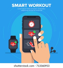 Konzept des intelligenten Trainings Synchronisation von Smartphones mit einer Smartwatch. Intelligente Fitnesstrainings auf Smartphone mit SmartWatch.