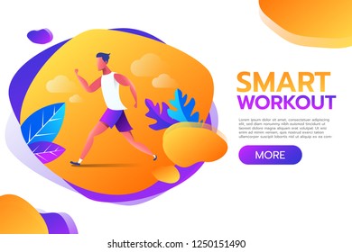 Smart Workout. Young man running or jogging in the park with frame banner