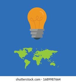 smart world concept - world map and light bulb. Conceptual vector illustration in flat style design.Isolated on background.