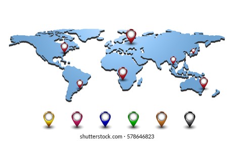 Smart World Map Isolated on White Background with Set of Navigation Markers