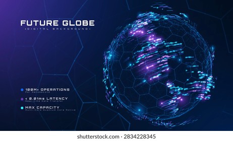 Smart Worldwide Connect Map Concept With Future Cyber Technology Earth And Bright Glow Hexagon Grid Fast Speed Data Transfer Dark Blue Computer Science Virtual Graphic Art. Vector illustration.