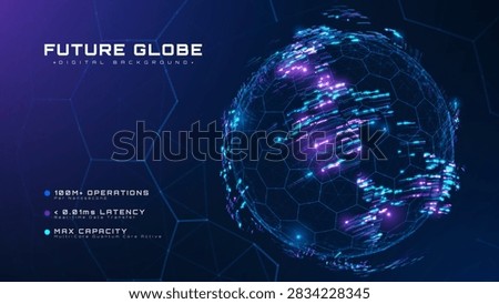 Smart Worldwide Connect Map Concept With Future Cyber Technology Earth And Bright Glow Hexagon Grid Fast Speed Data Transfer Dark Blue Computer Science Virtual Graphic Art. Vector illustration.