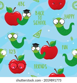 Smart worms, studenst, happy friends apples. Cute catterpillar characters. Hand drawn vector doodle set for kids. Good for textiles, school sets, wallpapers, wrapping paper, clothes. back to school.