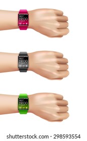 Smart wrist multimedia watch gadget on hand realistic color decorative icon set isolated vector illustration