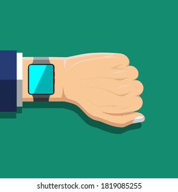 Vigila la muñeca inteligente en la mano de un hombre con traje. Un hombre con un reloj revisa la hora. Mano con reloj aislado en el fondo. Diseño plano, ilustración. EPS10