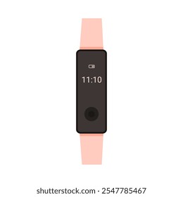 Smart wristwatch with narrow black rectangular display and pink bracelet vector illustration