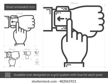 Icono de línea vectorial de reloj de pulsera inteligente aislado en fondo blanco. Icono de línea inteligente de reloj de pulsera para infografía, sitio web o aplicación. Icono escalable diseñado en un sistema de cuadrícula.