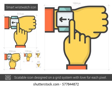 Icono de línea vectorial de reloj de pulsera inteligente aislado en fondo blanco. Icono de línea inteligente de reloj de pulsera para infografía, sitio web o aplicación. Icono escalable diseñado en un sistema de cuadrícula.
