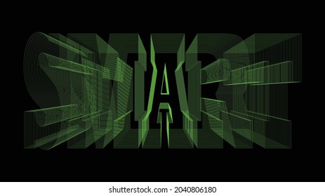 Smart writing or text with three dimensional glowing green stripes on a black background