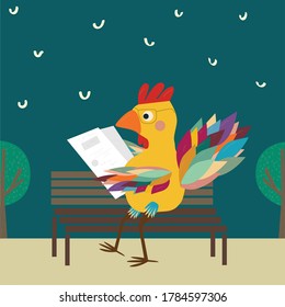 Smart yellow multi-colored rooster sits in the park on a bench reads a newspaper on a bright background
