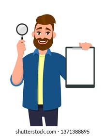 Smart young bearded man showing/holding magnifying glass and blank or empty clipboard/document/report in hand. Search, find, discovery, analyze, inspect, investigation concept illustration in cartoon.