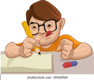 smart young boy doing his homework too much concentrated
