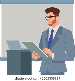 Smart young business man hand pointing on document presenting with empty space backdrop screen flat design illustration