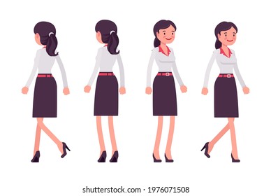 Smart young businesswoman, female entrepreneur, owner, business manager, front, rear. Office worker professional look, formal attire. Vector flat style cartoon illustration isolated, white background