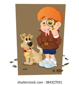 Smart Young Cartoon Detective Boy And His Dog
