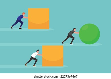smart young entrepreneur pushing a sphere leading the race against a group of slower young entrepreneurs pushing boxes 2d vector 