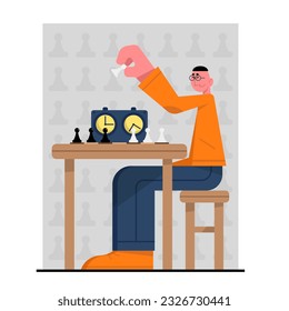 Smart young male sitting at table and playing chess alone. Time for playing smart game. Man training at home. Vector flat illustration in orange and blue colors