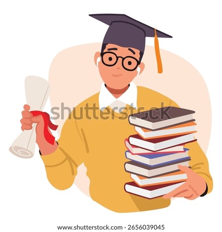 Smart young man cartoon character wearing academic hat enjoying studying for self development and realization vector illustration. Basic human needs in education, cognition and knowledge getting