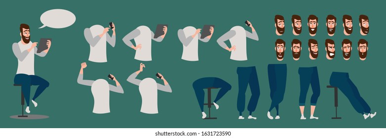 Smart young man in casual clothes in different postures use of communication tools in the internet society.Vector illustration flat style