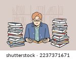 Smart young man in glasses sit in library with pile of books reading. Clever guy enjoy literature studying at desk with textbooks stacks. Vector illustration. 