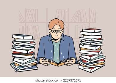 Smart young man in glasses sit in library with pile of books reading. Clever guy enjoy literature studying at desk with textbooks stacks. Vector illustration. 