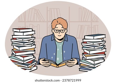 Smart young man in glasses sit in library with pile of books reading. Clever guy enjoy literature studying at desk with textbooks stacks. Vector illustration.