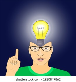 A smart young man with glasses thinks, an idea, a thought. A lighted light bulb. A hand with an index finger. vector
