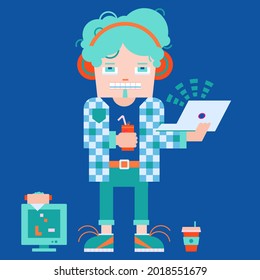 Smart young man with headphones hold notebook and drink in hands. Original fun character. Computer genius, programmer, gamer or geek for business presentation, infographic, back to school design.