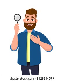 Smart young man holding/showing magnifying glass and holding hand on chest. Search, find, discovery, analyze, inspect, investigation, human emotion concept illustration in vector cartoon flat style.