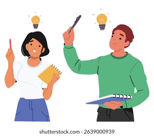 Smart young man and woman with pen and notebook thinking finding good business strategy having plan pointing finger upward at light bulb idea lamp vector illustration isolated on white background