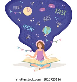 Smart young woman girl sitting with book and studying English isolated on white background. English lesson.Concept of learning English. Education, foreign language. Flat cartoon vector illustration.
