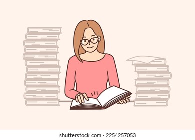 Smart young woman in glasses sit at table reading books. Happy clever female student in library study with pile of textbooks. Education. Vector illustration. 