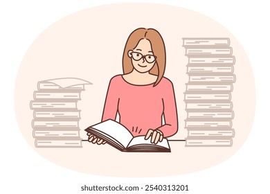 Smart young woman in glasses sit at table reading books. Happy clever female student in library study with pile of textbooks. Education. Vector illustration.