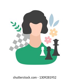 Smart young woman with her occupations objects: chess and desk. Vector female avatar isolated on white background. 