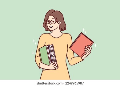 Smart young woman holds several books in hands choosing literature for reading in spare time. Girl in glasses stands with textbooks to prepare for term paper or university exams. Flat vector design 