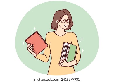 Smart young woman holds several books in hands choosing literature for reading in spare time. Girl in glasses stands with textbooks to prepare for term paper or university exams. Flat vector design