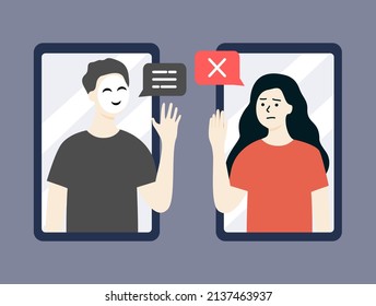 Smart young woman saying no to scammer hacker in mask trying to  deceive her on phone screen. Online fraud, dating scam, data hacking, cybercrime, web security concepts. Flat vector illustration.