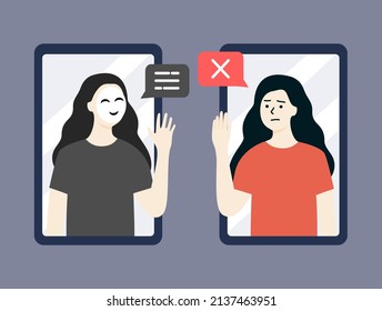 Smart young woman saying no to scammer hacker in mask trying to  deceive her on phone screen. Online fraud, dating scam, data hacking, cybercrime, web security concepts. Flat vector illustration.