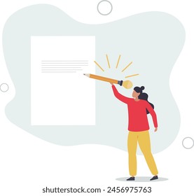 smart young woman using big pencil with lightbulb idea writing on paper.flat vector illustration.