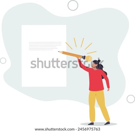 smart young woman using big pencil with lightbulb idea writing on paper.flat vector illustration.