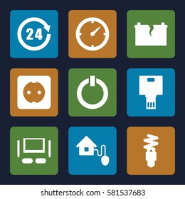 Smarthome icons set. Set of 9 Smarthome filled icons such as smart home, plug socket, fluorescent lamp, TV set, camera, switch off, clock, broken battery