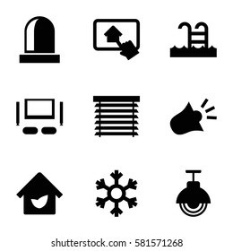 Smarthome icons set. Set of 9 Smarthome filled icons such as eco house, snowflake, home on tablet, street lamp, TV set, window shutter, siren