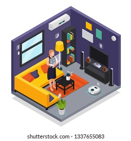 Smarthome living room iot interior with wearable gadgets smartwatch controlling robotic vacuum cleaner isometric composition vector illustration