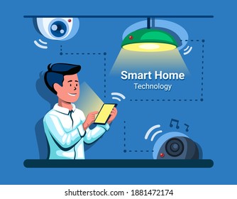 Smarthome Techology. Man Control Multi Device Using Smartphone Concept In Cartoon Illustration Vector