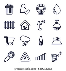 Smarthome vector icons. Set of 16 Smarthome outline icons such as eco house, drop, flame, radiator, heating system in car, temperature, street lamp, table lamp, signal