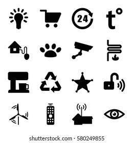Smarthome vector icons. Set of 16 Smarthome filled icons such as smart home, opened security lock, coffee machine, remote control, heating system, temperature, light bulb