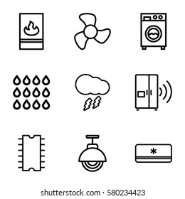 Smarthome vector icons. Set of 9 Smarthome outline icons such as cpu, fan, fire protection, washing machine, air conditioner, drop, street lamp, intercom